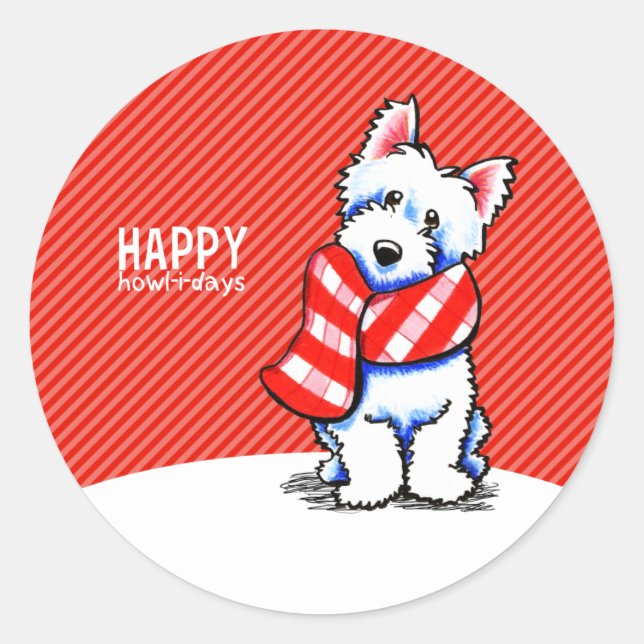 Westie Kariert Scarf Weihnachtsglücklich Howl-i-da Runder Aufkleber (Vorderseite)