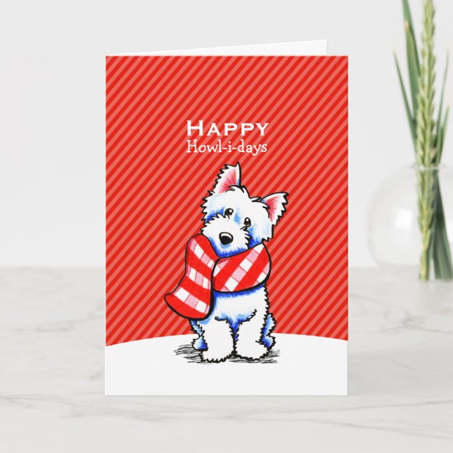 Westie kariertes Schal-Weihnachtsrote Feiertagskarte (Vorderseite)