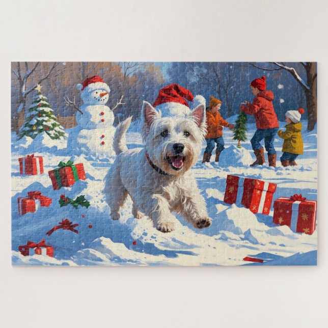 Westie läuft im Schnee mit Weihnachtshut (Horizontal)