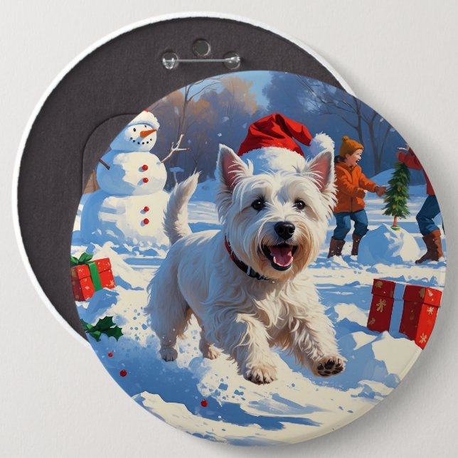 Westie läuft im Schnee mit Weihnachtshut Button (Vorne & Hinten)