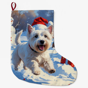 Westie läuft im Schnee mit Weihnachtsmütze Großer Weihnachtsstrumpf