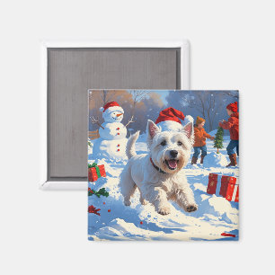 Westie läuft im Schnee mit Weihnachtsmütze Magnet
