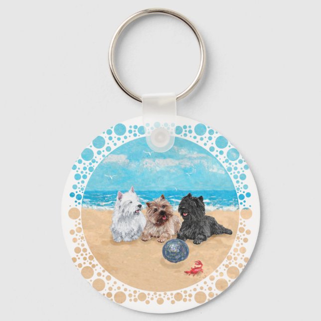 Westie mit Cairn Terriers am Strand Schlüsselanhänger (Vorderseite)