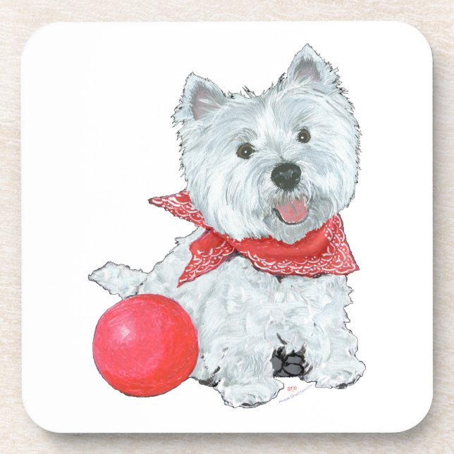 Westie mit rotem Ball Untersetzer (Vorderseite)