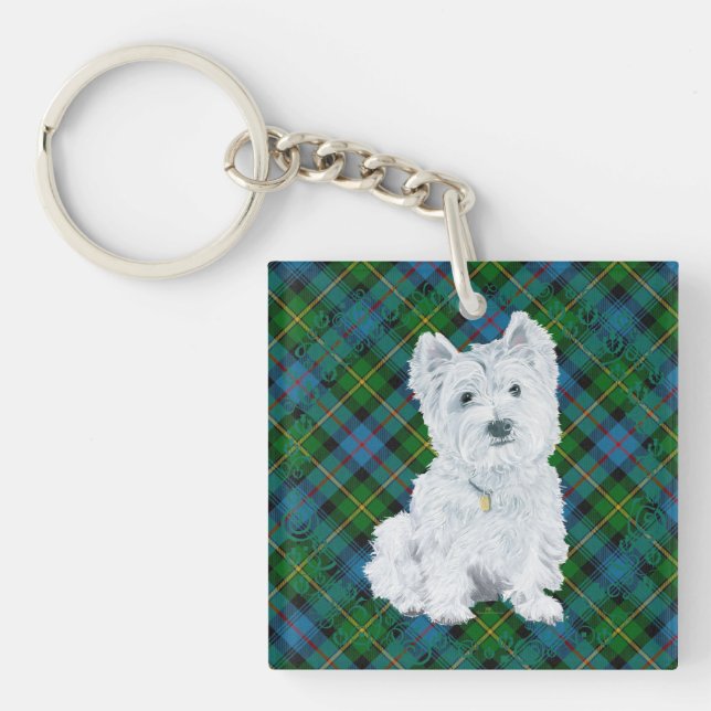 Westie on Tartan Schlüsselanhänger (Vorderseite)