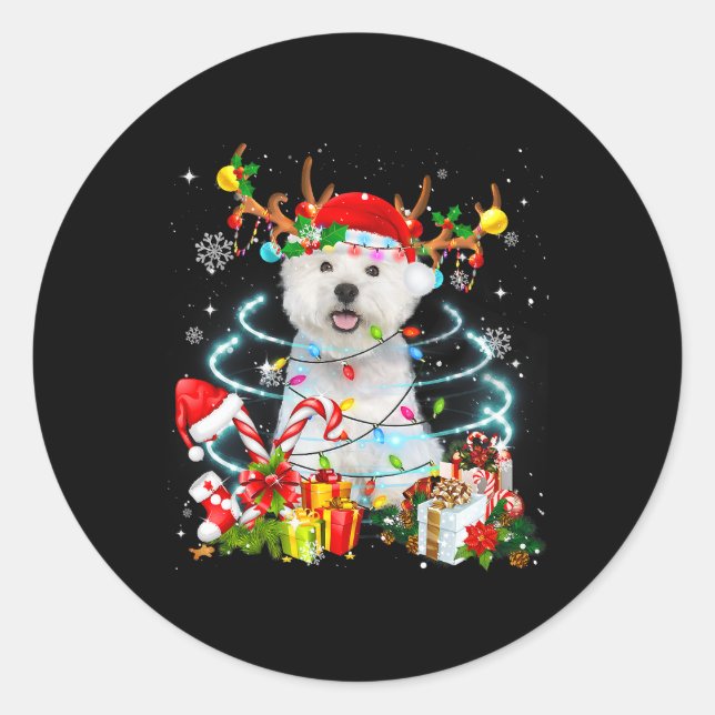 Westie Rentier Christmas Tree Lights Pajama Dog X Runder Aufkleber (Vorderseite)