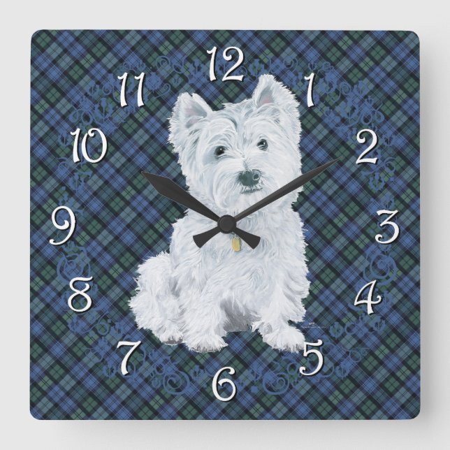 Westie Schwarz-UhrTartan Quadratische Wanduhr (Vorderseite)
