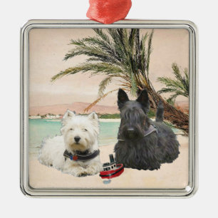 Westie & Scottie am Palmenstrand Ornament Aus Metall