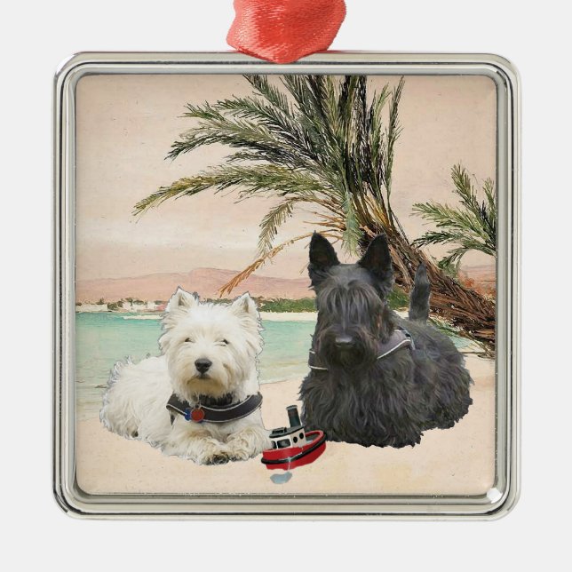 Westie & Scottie am Palmy Beach Ornament Aus Metall (Vorne)