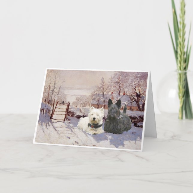 Westie & Scottie Winter Magpie Feiertagskarte (Vorderseite)