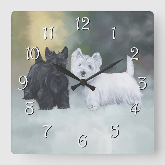 Westie Scottie Wintertime Quadratische Wanduhr (Vorderseite)