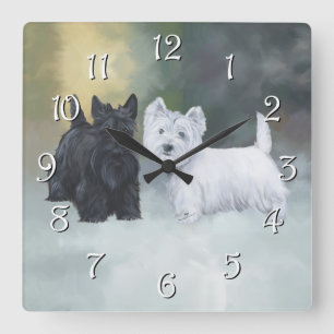 Westie Scottie Winterzeit Quadratische Wanduhr