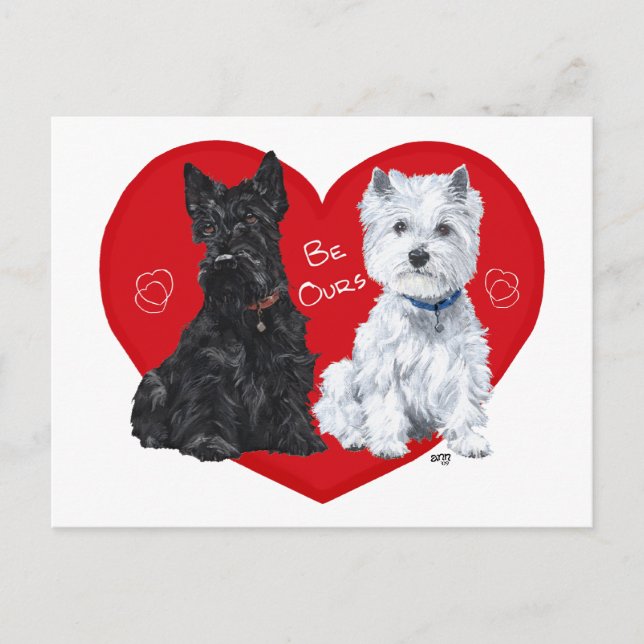 Westie und Scottie Valentine Feiertagspostkarte (Vorderseite)