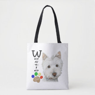 Westie verfolgt Kunst ganz über Tasche