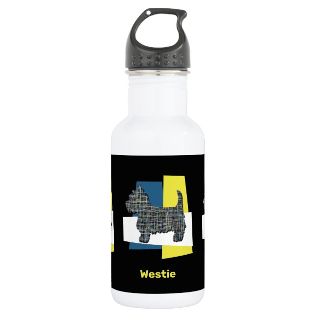 Westie White Terrier Pet Dog Silhouette Y&B Grid Edelstahlflasche (Vorderseite)