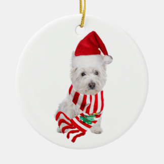Westie with Hat Scaft Christmas Keramik Ornament