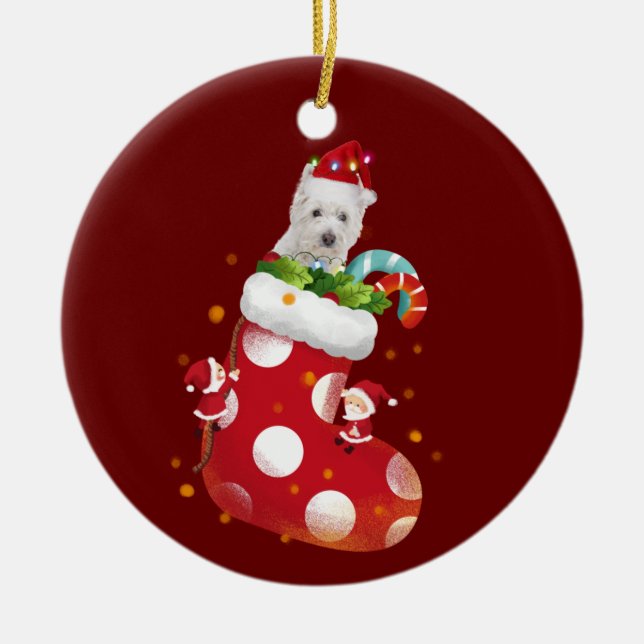 Westie with Hat Sock Christmas Keramik Ornament (Vorne)