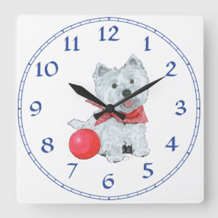 Westie With Red Ball Quadratische Wanduhr