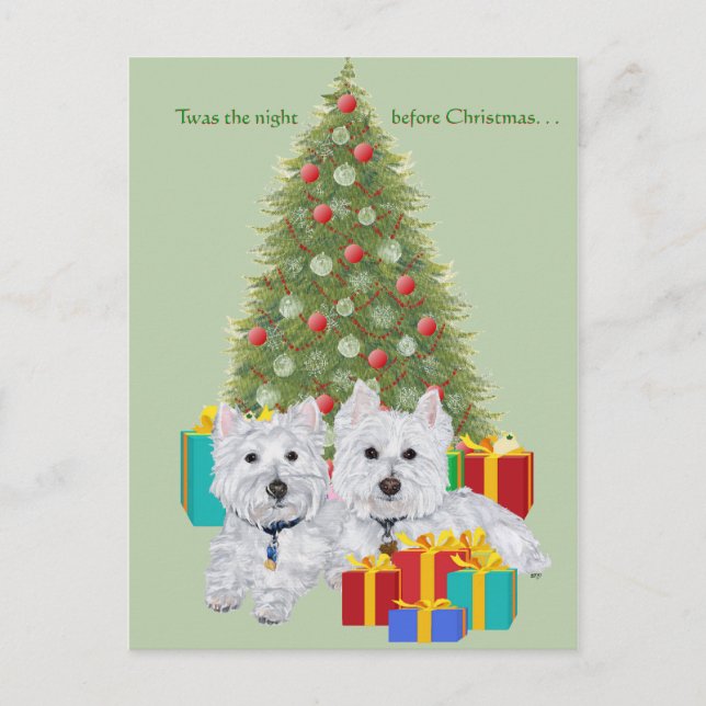 Westies am Weihnachtsbaum Feiertagspostkarte (Vorderseite)