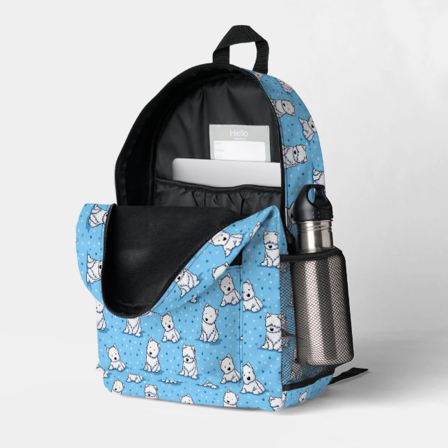 Westies on Blue KiniArt gedruckter Rucksack (Rückseitige Ecke links (Offen) )