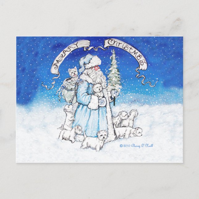 Westies und der Weihnachtsmann Feiertagspostkarte (Vorderseite)