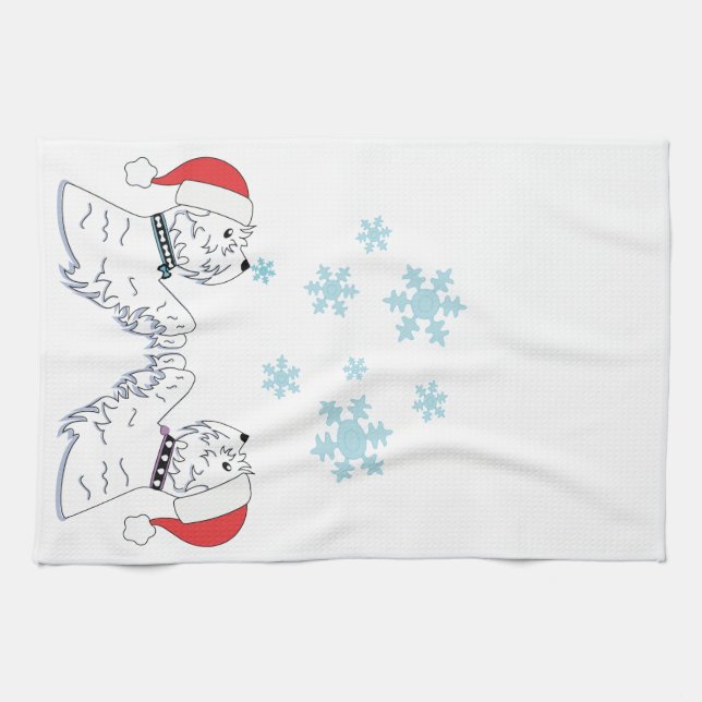 Westies und Schneeflocken Geschirrtuch (Horizontal)
