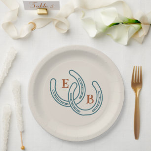 Westliche Cowboy-Hufeisen-Monogramm Teal-Rost Part Pappteller