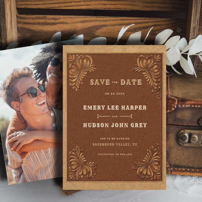 Westliche geprägte Leder-Rustikale Hochzeitsfoto-E Save The Date (country rustic cowboy wedding save the date faux tooled leather terracotta rust western barn)