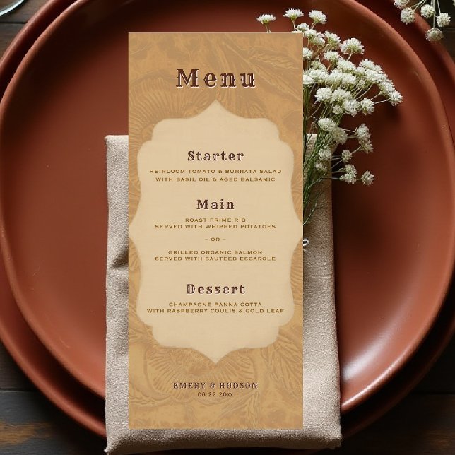 Westliche geprägte rustikale Bronze-Terrakotta-Hoc Menükarte (country rustic cowboy wedding menu faux tooled leather terracotta bronze rust copper western barn)