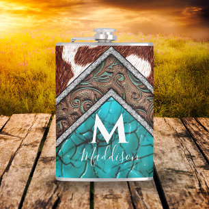 Westliche Kunstleder-Turquoise-Mischung Monogramm Flachmann