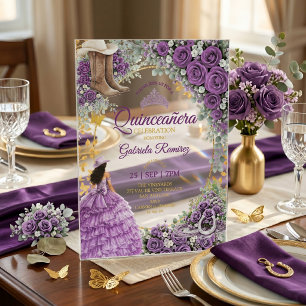 Westliche lila Rosen Goldenes Land Quinceañera Acryleinladungen
