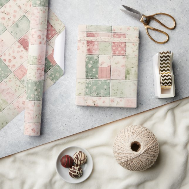 Westliche Mint-Rosa-Blumen-Quiltmuster Geschenkpapier (Kunsthandwerk)