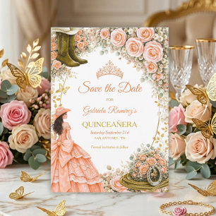 Westliche Pfirsichrosen Golden Country Quinceañera Save The Date