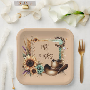 Westliche Rustikale Hochzeit Mr & Mrs 9 Zoll quadr Pappteller