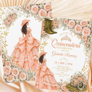 Westliche Stiefel Pfirsich Rosen Goldene Quinceañe Einladung