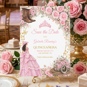 Westliche Stiefel Rosa Rosen Goldene Quinceañera Save The Date