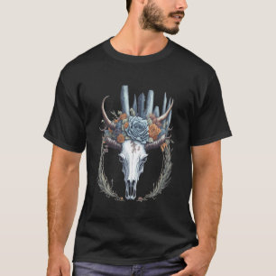 Westlicher Boho-Kuhschädel mit Hörnern und Blumen T-Shirt