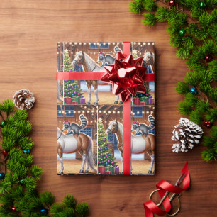 Westlicher Scheunen-Waschbär und Pferd am Weihnach Geschenkpapier