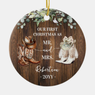 Westliches erstes Weihnachten als Mr. & Mrs. Cowbo Keramik Ornament