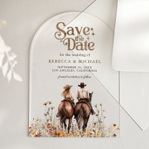 Westliches Paar Reitet Pferd Hochzeit Save the Dat