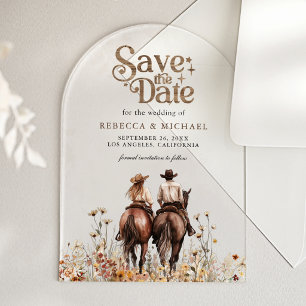 Westliches Paar Reitet Pferd Hochzeit Save the Dat Acryleinladungen