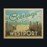 Westport Connecticut Beach Vintage Travel Postkarte<br><div class="desc">Dieses Greetings From Westport Vintage Postcard Design verfügt über einen Sandstrand mit einem schönen türkisfarbenen Ozean und über dem Meer,  einem blauen Himmel mit billigen weißen Wolken. Im Vintage Reisen Stil.</div>