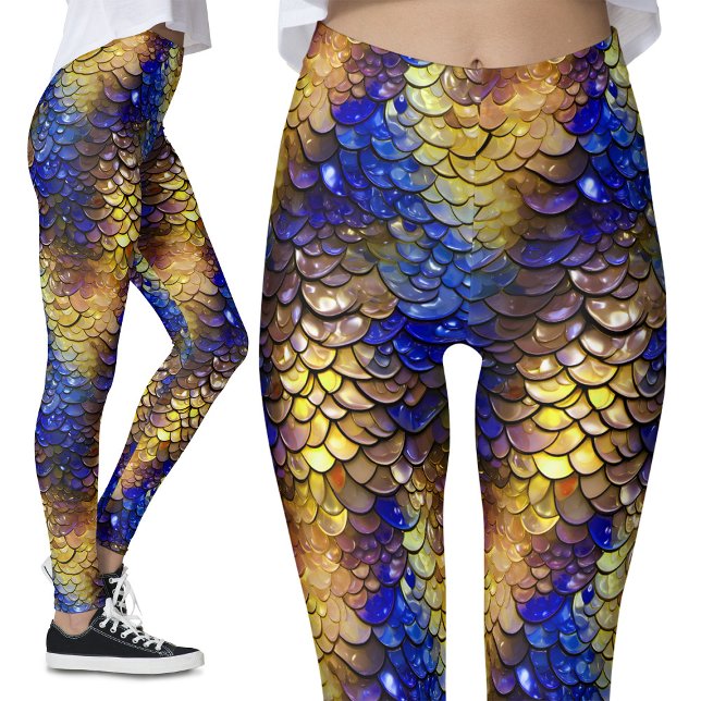Wet Look Blue Gold Scales Fantasy Dragon Mermaid Leggings (Von Creator hochgeladen)
