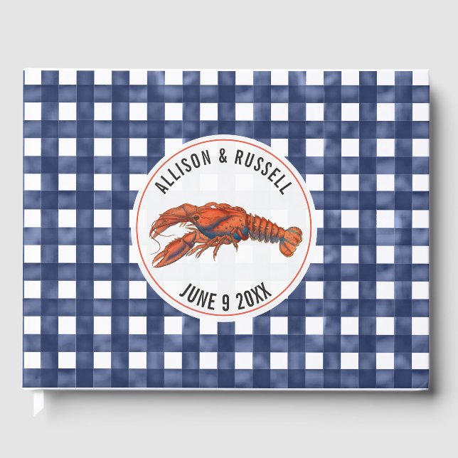 Wetterbericht Blue Gingham Hummer Coastal Wedding Gästebuch (Vorderseite)