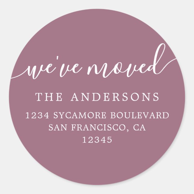 We've Moved Mellow Mauve New Address label Runder Aufkleber (Vorderseite)