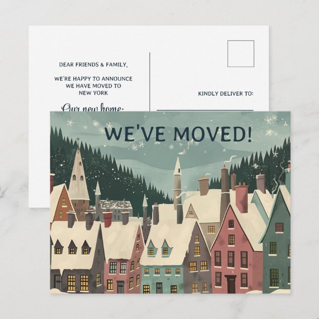 We've Moved Whimsical Winter House Change Address Ankündigungspostkarte (Vorne/Hinten)