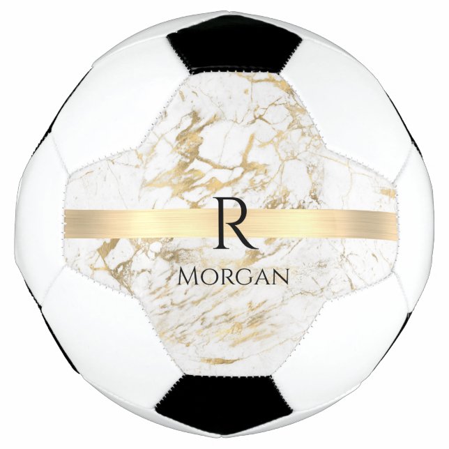 Wh & Gold Marble Gold Bar, DIY Black Name Monogram Fußball (Vorderseite)