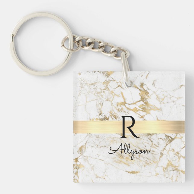 Wh & Gold Marble Gold Bar, DIY Black Name Monogram Schlüsselanhänger (Vorderseite)