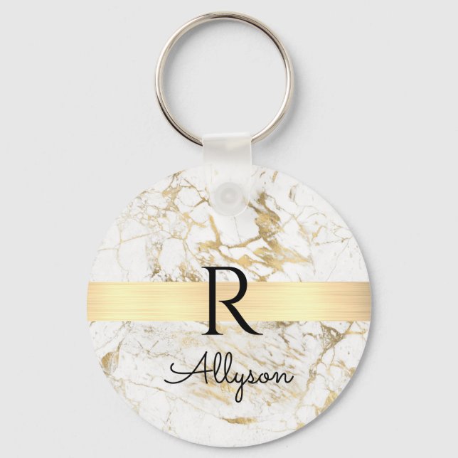 Wh & Gold Marble Gold Bar, DIY Black Name Monogram Schlüsselanhänger (Vorderseite)