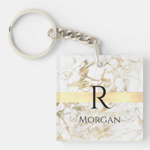 Wh & Gold Marble Gold Bar, DIY Black Name Monogram Schlüsselanhänger